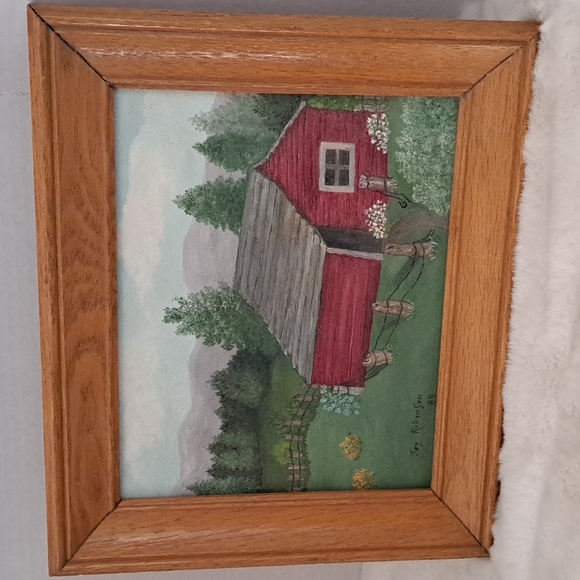 Vintage 1989 Original Red Barn Scenic Painting on Canvas